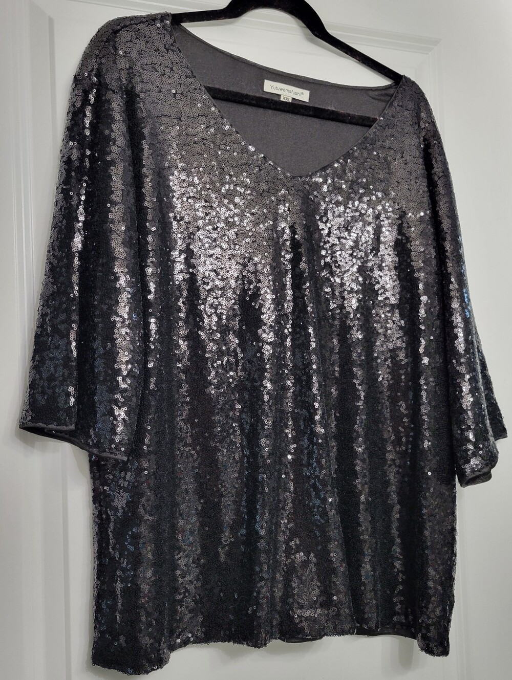 All Black Sequin Luxurious Scoop Neck Top, 3/4 Sleeve Top, Size XXL